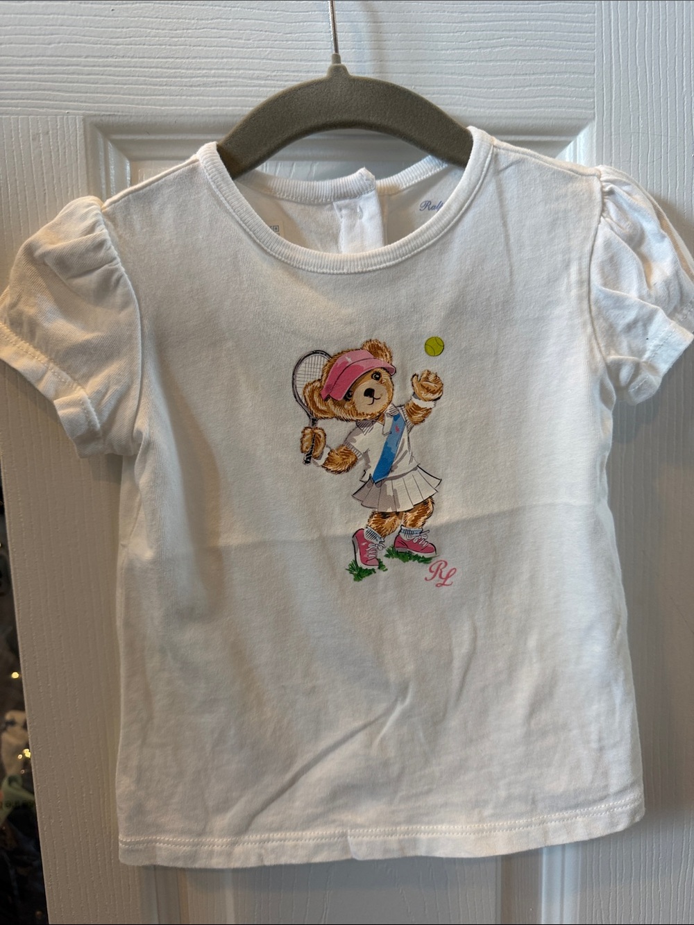 Ralph Lauren White Girls' Tennis Bear Graphic Tee with Pink & Blue Accents